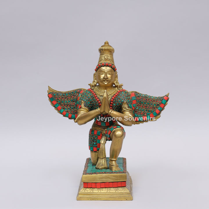 Handcrafted Inlayed Brass Garuda Statue with Textured Wings