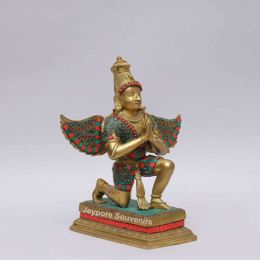 Handcrafted Inlayed Brass Garuda Statue with Textured Wings