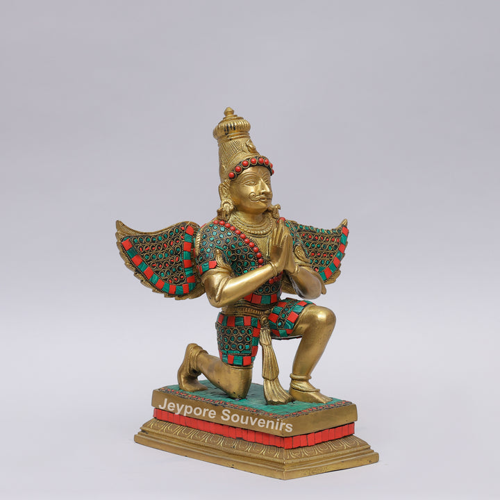 Handcrafted Inlayed Brass Garuda Statue with Textured Wings