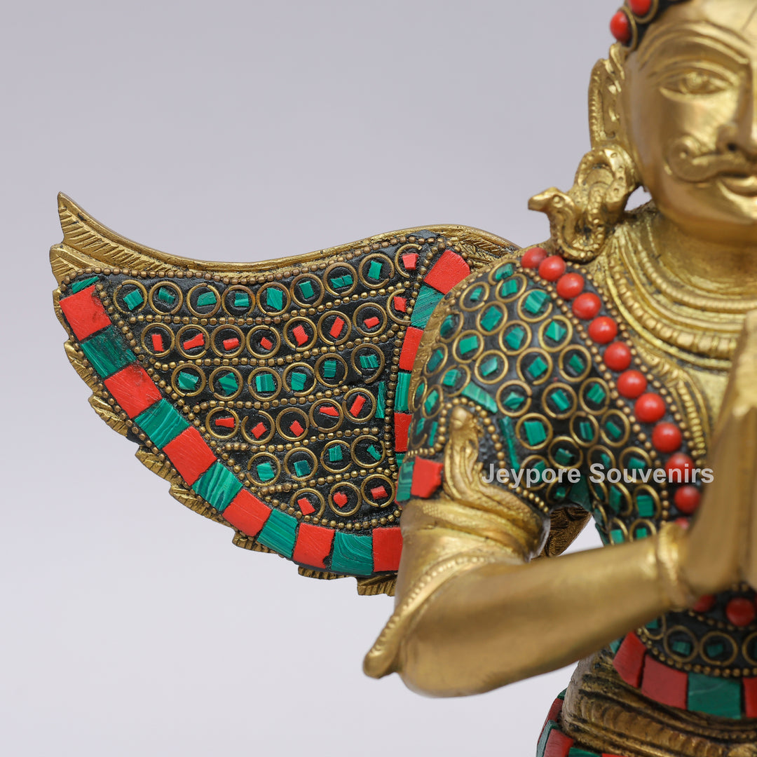 Handcrafted Inlayed Brass Garuda Statue with Textured Wings