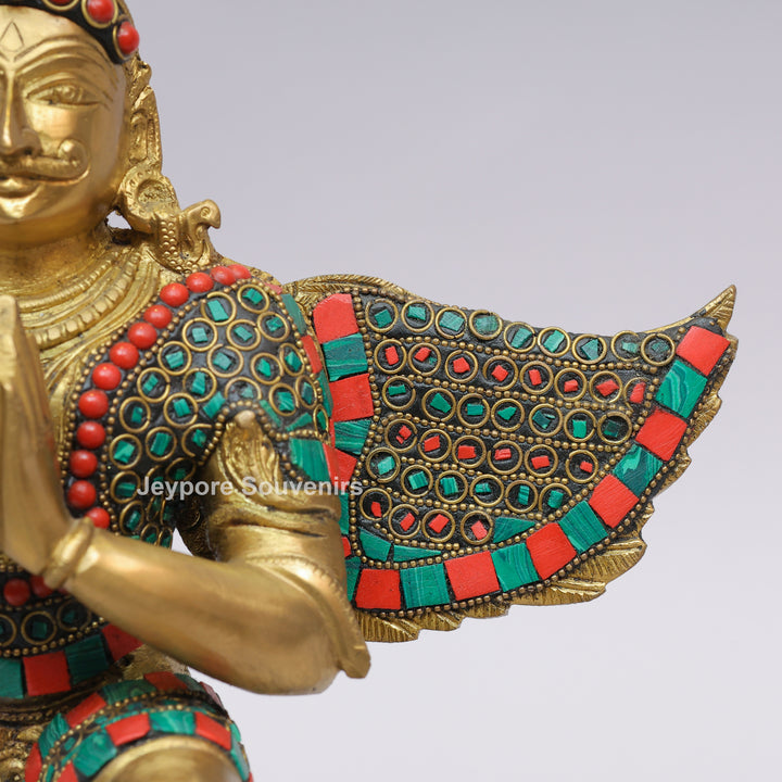 Handcrafted Inlayed Brass Garuda Statue with Textured Wings