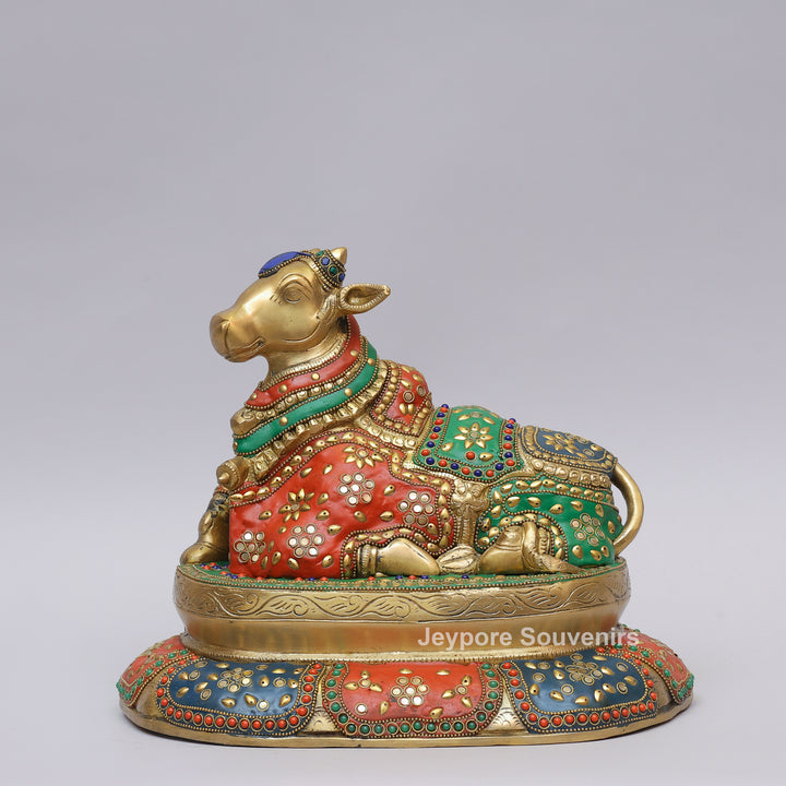 Handcrafted Brass Seated Nandi Statue with Multicolor Inlay