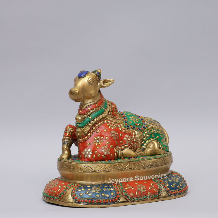 Handcrafted Brass Seated Nandi Statue with Multicolor Inlay