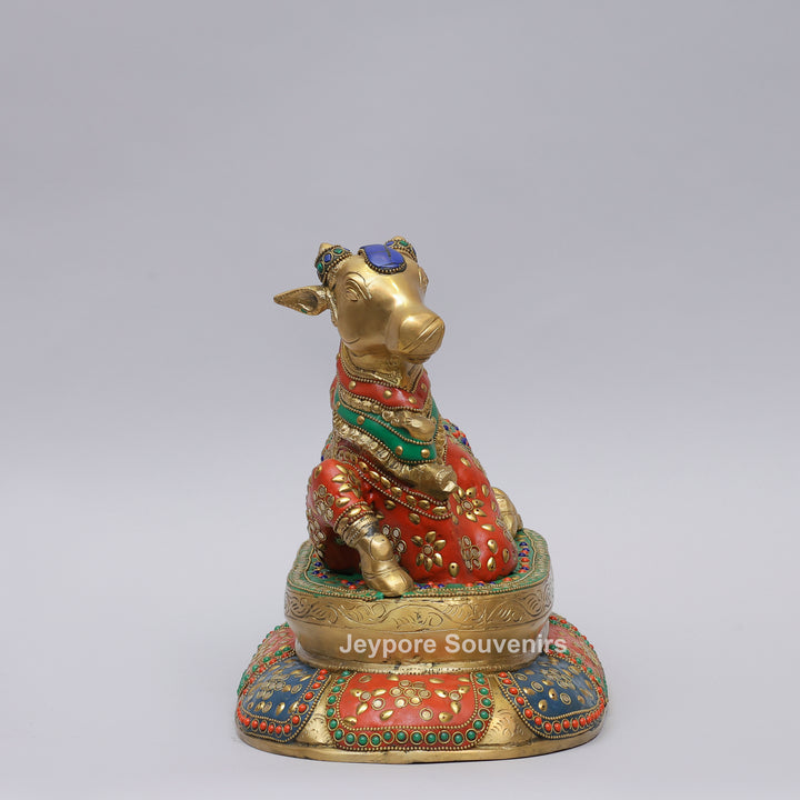 Handcrafted Brass Seated Nandi Statue with Multicolor Inlay