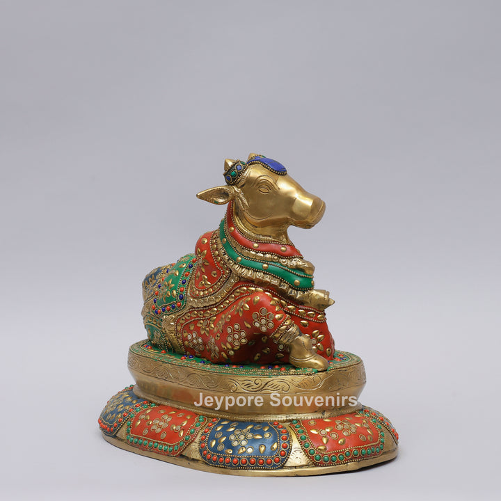 Handcrafted Brass Seated Nandi Statue with Multicolor Inlay