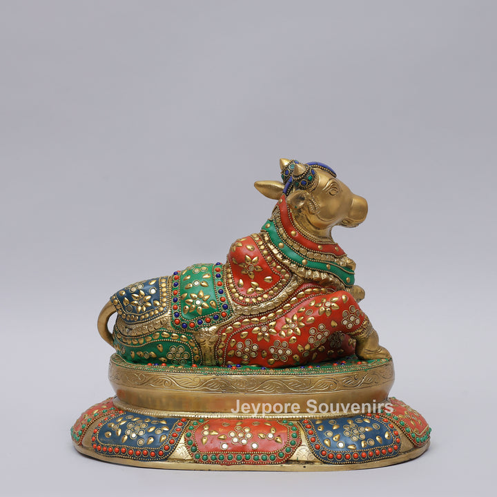 Handcrafted Brass Seated Nandi Statue with Multicolor Inlay