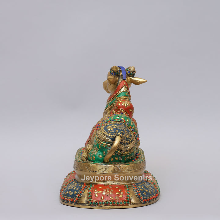 Handcrafted Brass Seated Nandi Statue with Multicolor Inlay