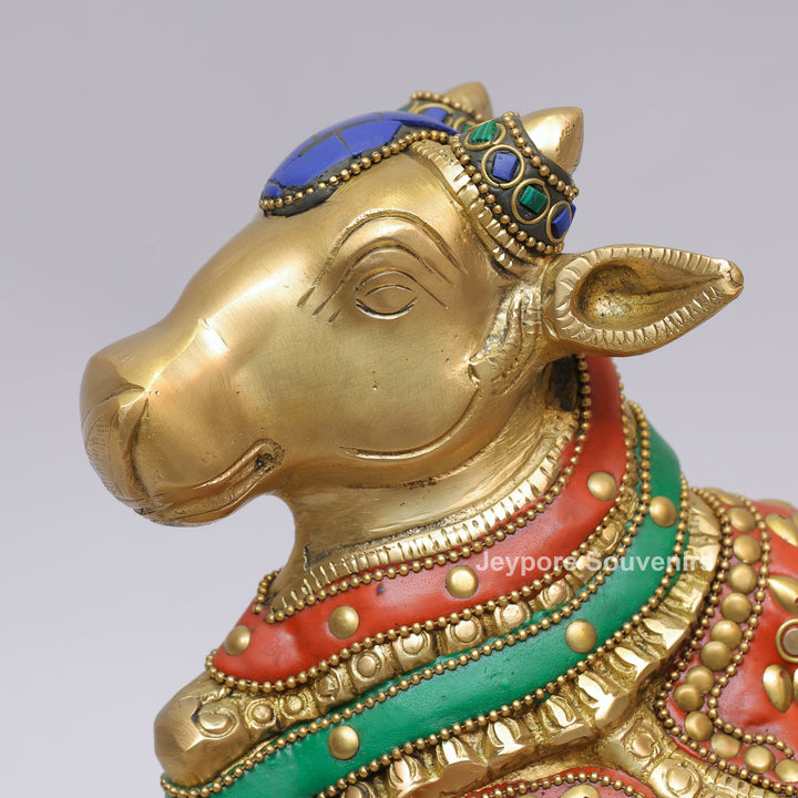 Handcrafted Brass Seated Nandi Statue with Multicolor Inlay