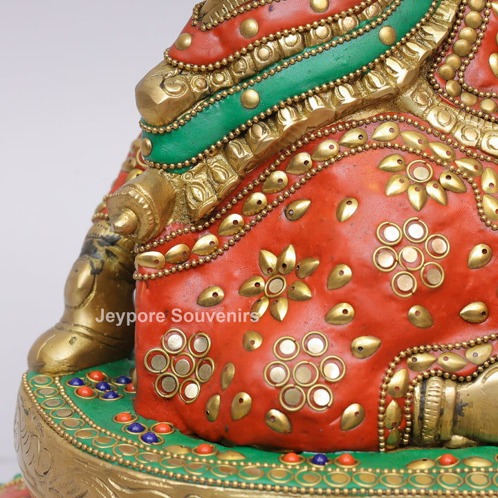 Handcrafted Brass Seated Nandi Statue with Multicolor Inlay