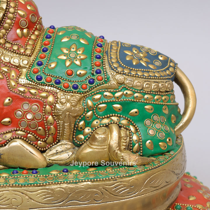 Handcrafted Brass Seated Nandi Statue with Multicolor Inlay