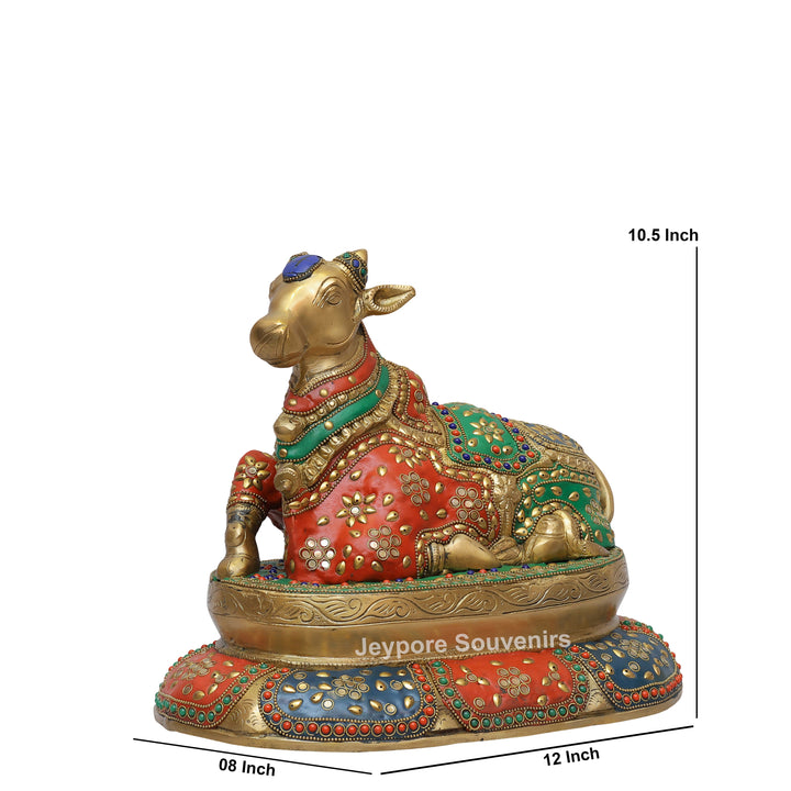 Handcrafted Brass Seated Nandi Statue with Multicolor Inlay