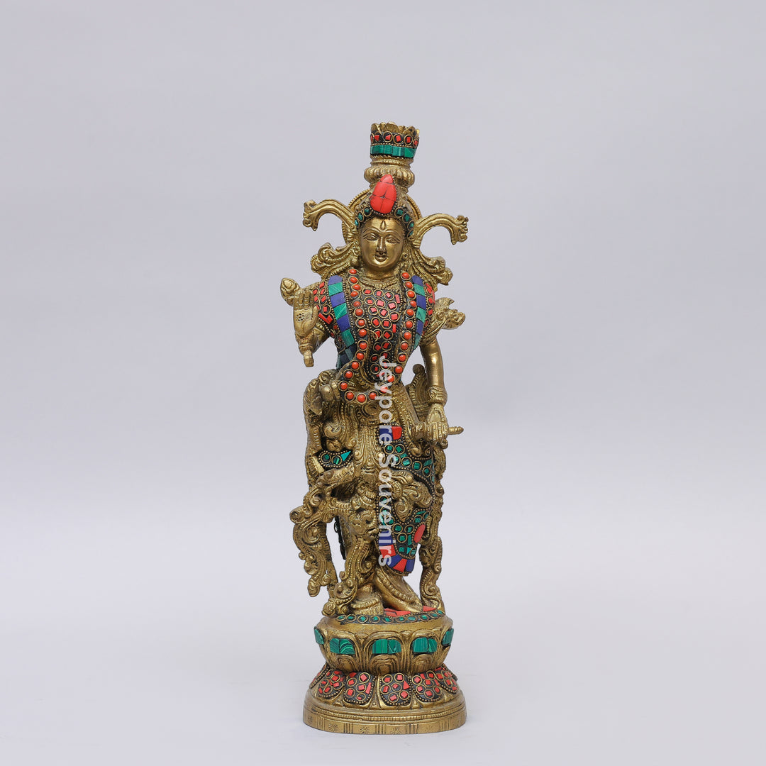Handcrafted Brass Radha Rani Idol with Gemstone Inlay