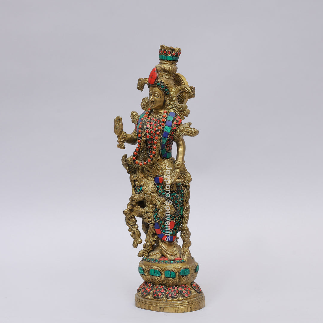 Handcrafted Brass Radha Rani Idol with Gemstone Inlay