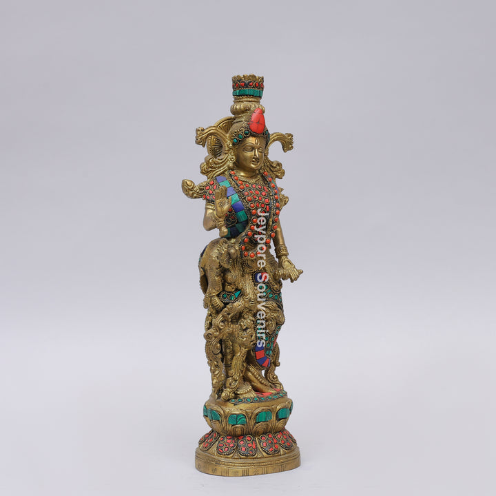 Handcrafted Brass Radha Rani Idol with Gemstone Inlay