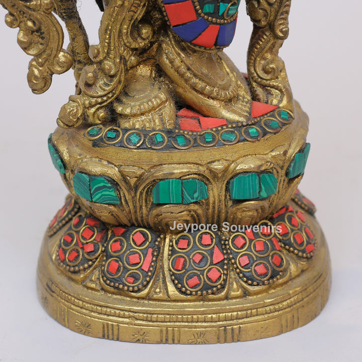 Handcrafted Brass Radha Rani Idol with Gemstone Inlay