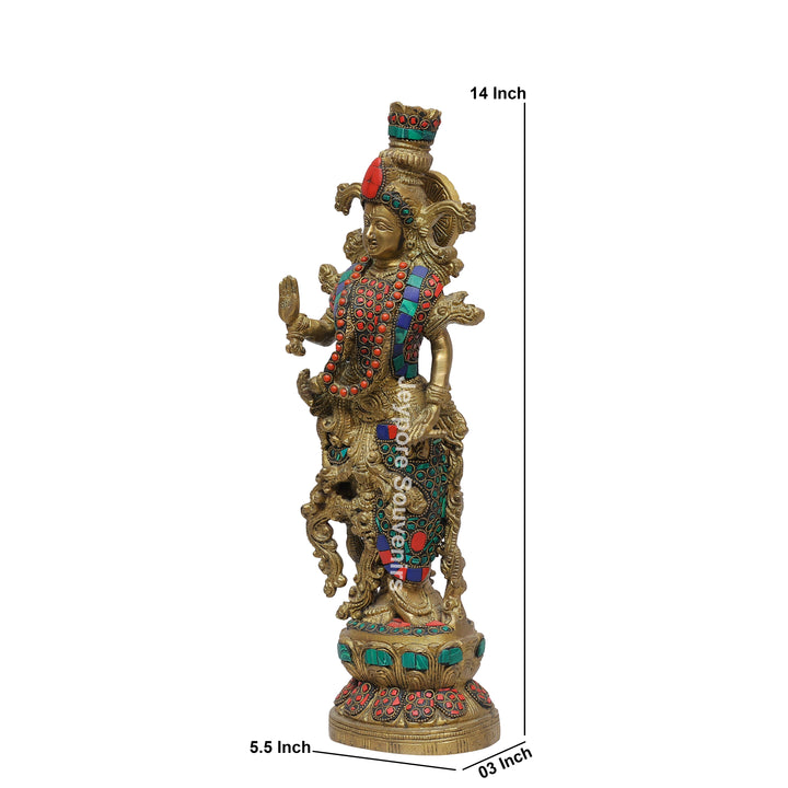 Handcrafted Brass Radha Rani Idol with Gemstone Inlay
