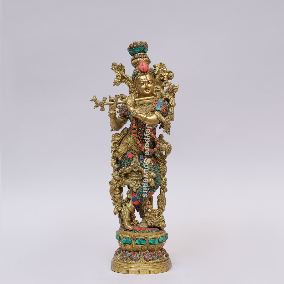 Handcrafted Brass Lord Krishna Flute Idol with Lotus Pedestal &amp; Multicolor Stone Inlay