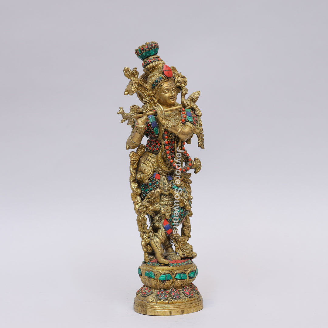Handcrafted Brass Lord Krishna Flute Idol with Lotus Pedestal &amp; Multicolor Stone Inlay