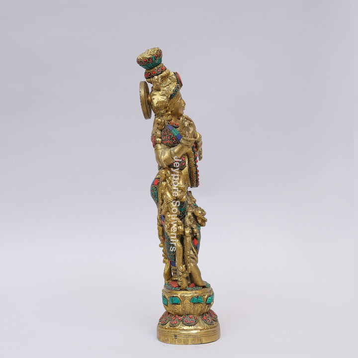 Handcrafted Brass Lord Krishna Flute Idol with Lotus Pedestal &amp; Multicolor Stone Inlay