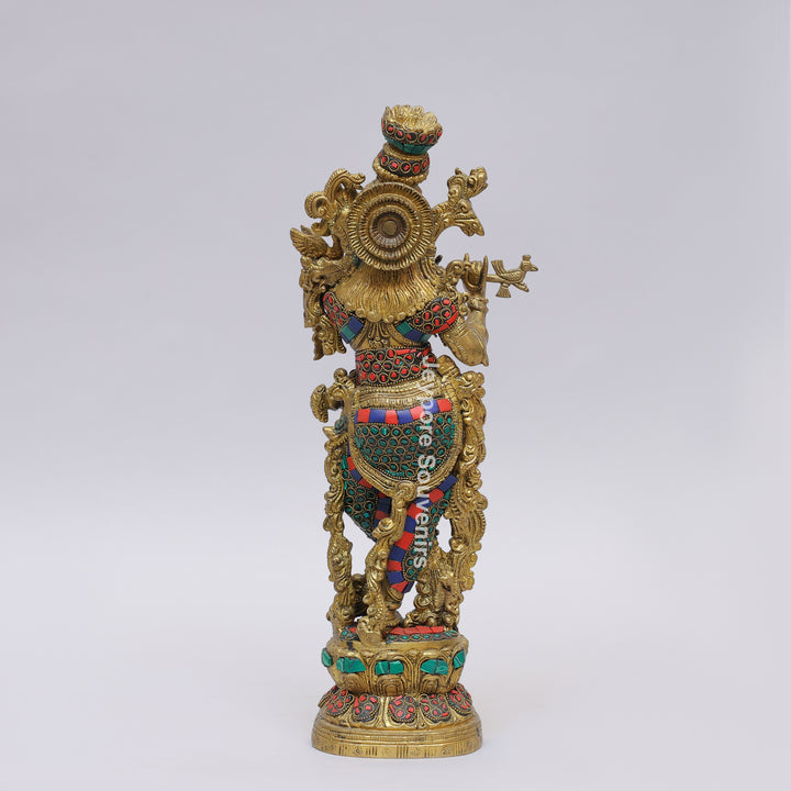 Handcrafted Brass Lord Krishna Flute Idol with Lotus Pedestal &amp; Multicolor Stone Inlay