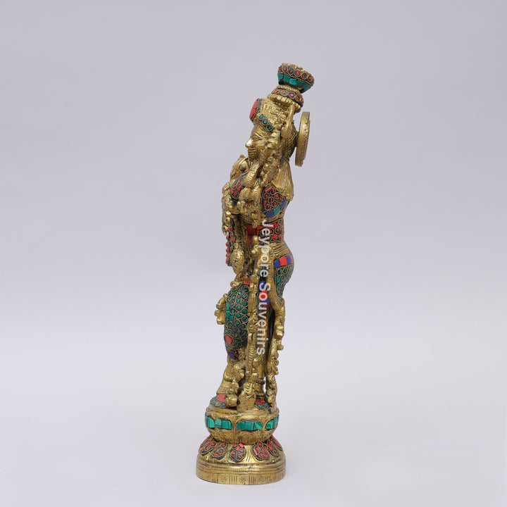 Handcrafted Brass Lord Krishna Flute Idol with Lotus Pedestal &amp; Multicolor Stone Inlay