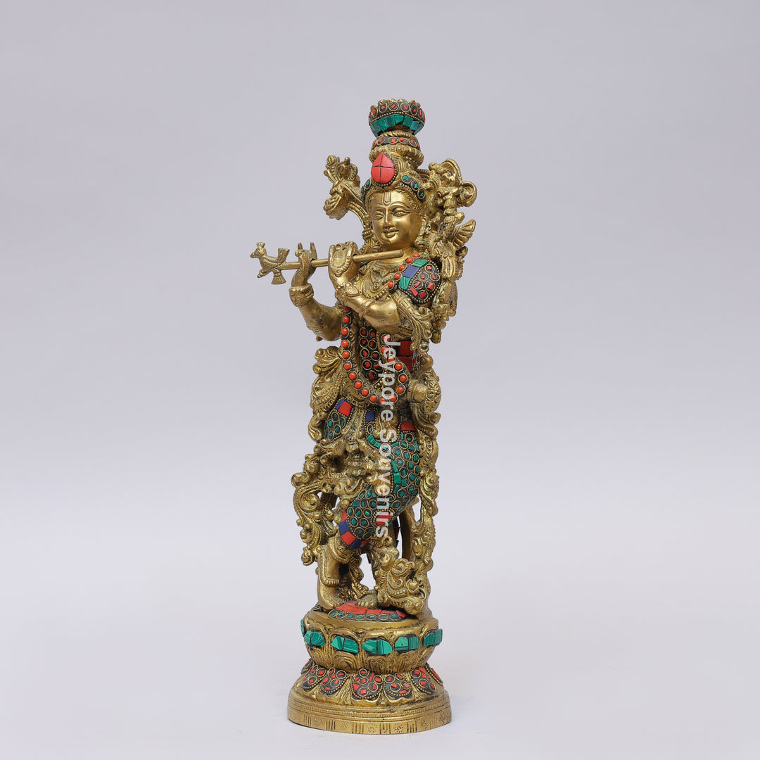 Handcrafted Brass Lord Krishna Flute Idol with Lotus Pedestal &amp; Multicolor Stone Inlay