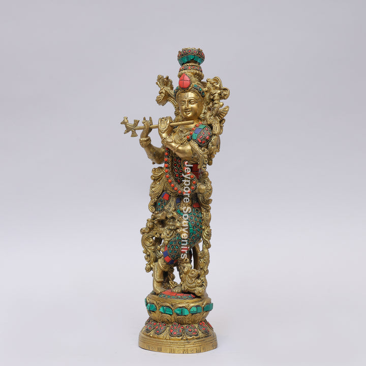 Handcrafted Brass Lord Krishna Flute Idol with Lotus Pedestal &amp; Multicolor Stone Inlay