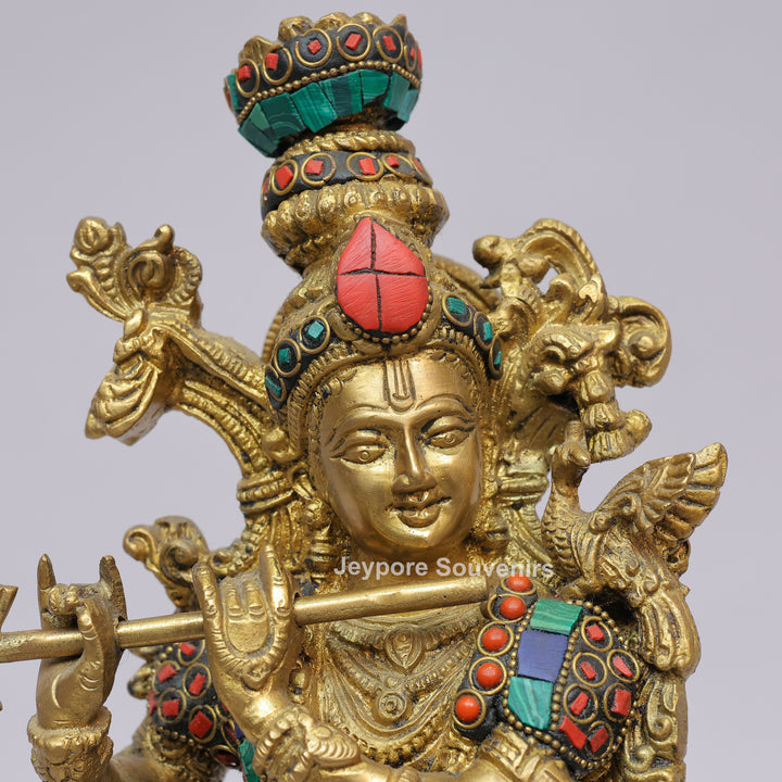 Handcrafted Brass Lord Krishna Flute Idol with Lotus Pedestal &amp; Multicolor Stone Inlay