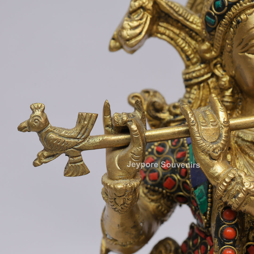 Handcrafted Brass Lord Krishna Flute Idol with Lotus Pedestal &amp; Multicolor Stone Inlay