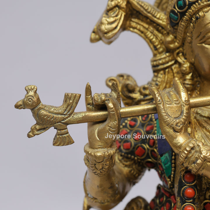 Handcrafted Brass Lord Krishna Flute Idol with Lotus Pedestal &amp; Multicolor Stone Inlay