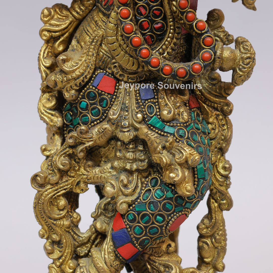 Handcrafted Brass Lord Krishna Flute Idol with Lotus Pedestal &amp; Multicolor Stone Inlay