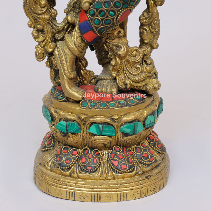 Handcrafted Brass Lord Krishna Flute Idol with Lotus Pedestal &amp; Multicolor Stone Inlay
