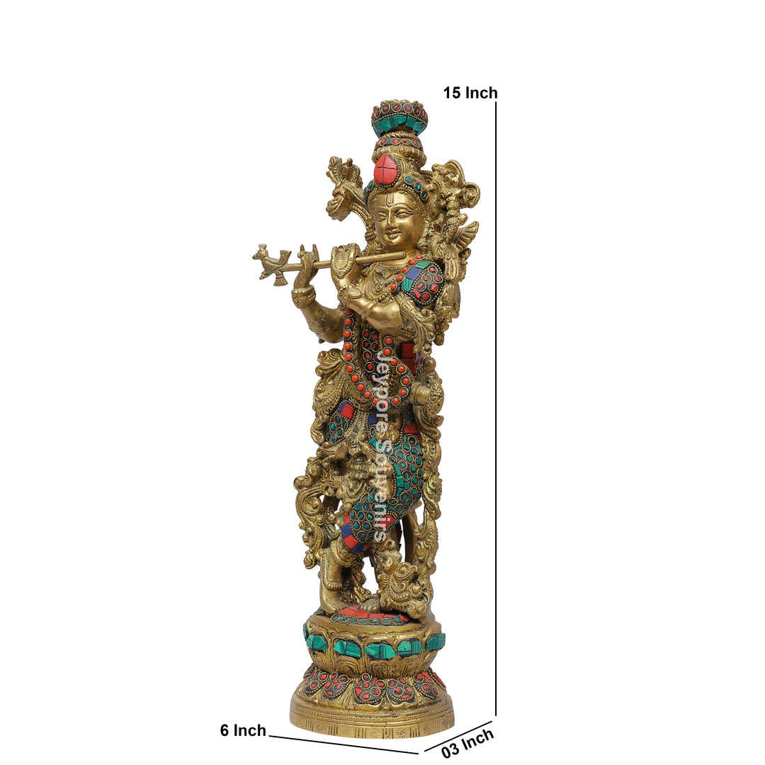 Handcrafted Brass Lord Krishna Flute Idol with Lotus Pedestal &amp; Multicolor Stone Inlay