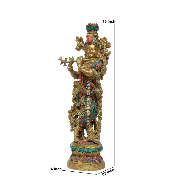 Handcrafted Brass Lord Krishna Flute Idol with Lotus Pedestal &amp; Multicolor Stone Inlay
