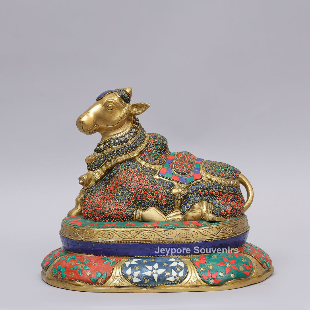 Handcrafted Brass Nandi Statue with Multicolor Inlay &amp; Lotus Pedestal
