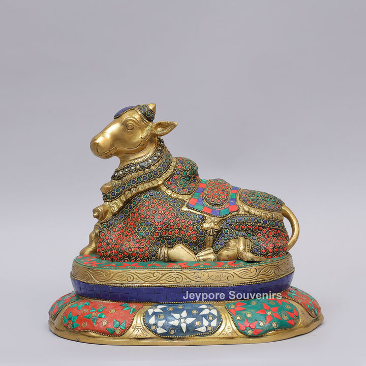 Handcrafted Brass Nandi Statue with Multicolor Inlay &amp; Lotus Pedestal