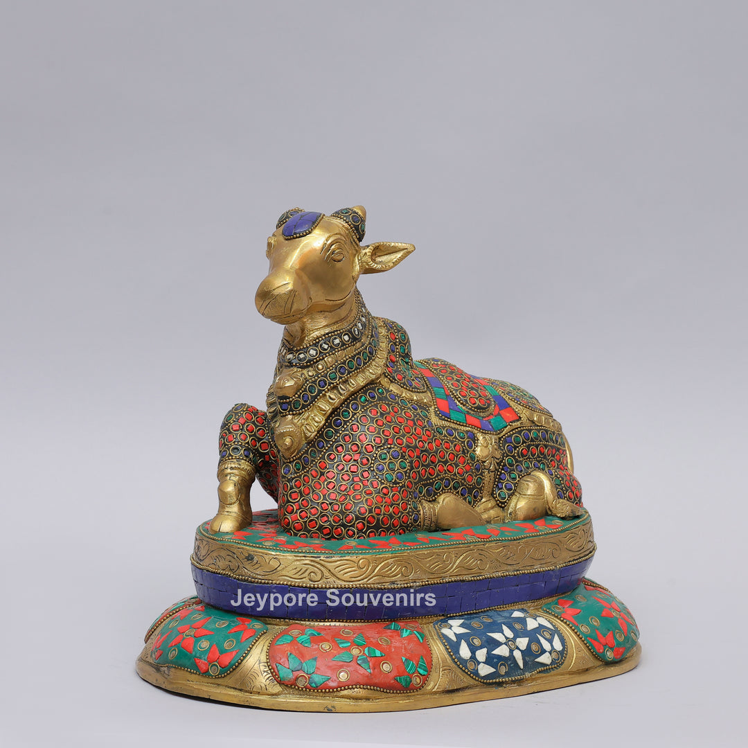 Handcrafted Brass Nandi Statue with Multicolor Inlay &amp; Lotus Pedestal