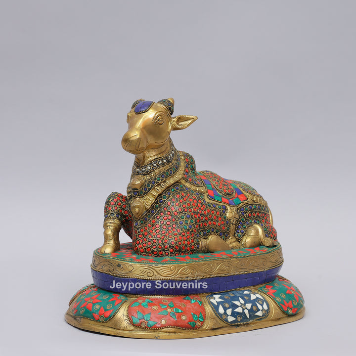 Handcrafted Brass Nandi Statue with Multicolor Inlay &amp; Lotus Pedestal