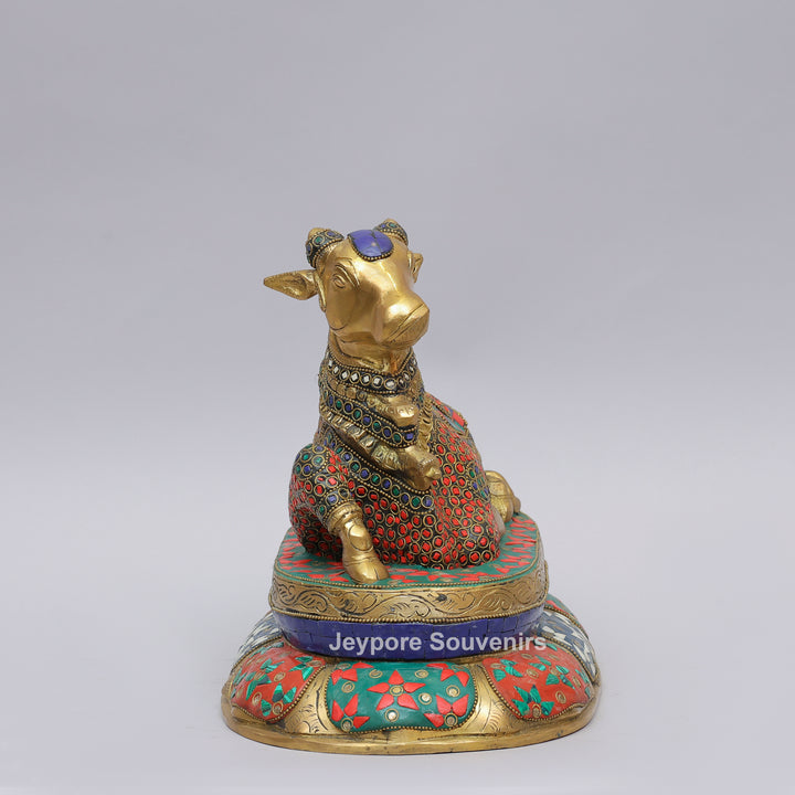 Handcrafted Brass Nandi Statue with Multicolor Inlay &amp; Lotus Pedestal