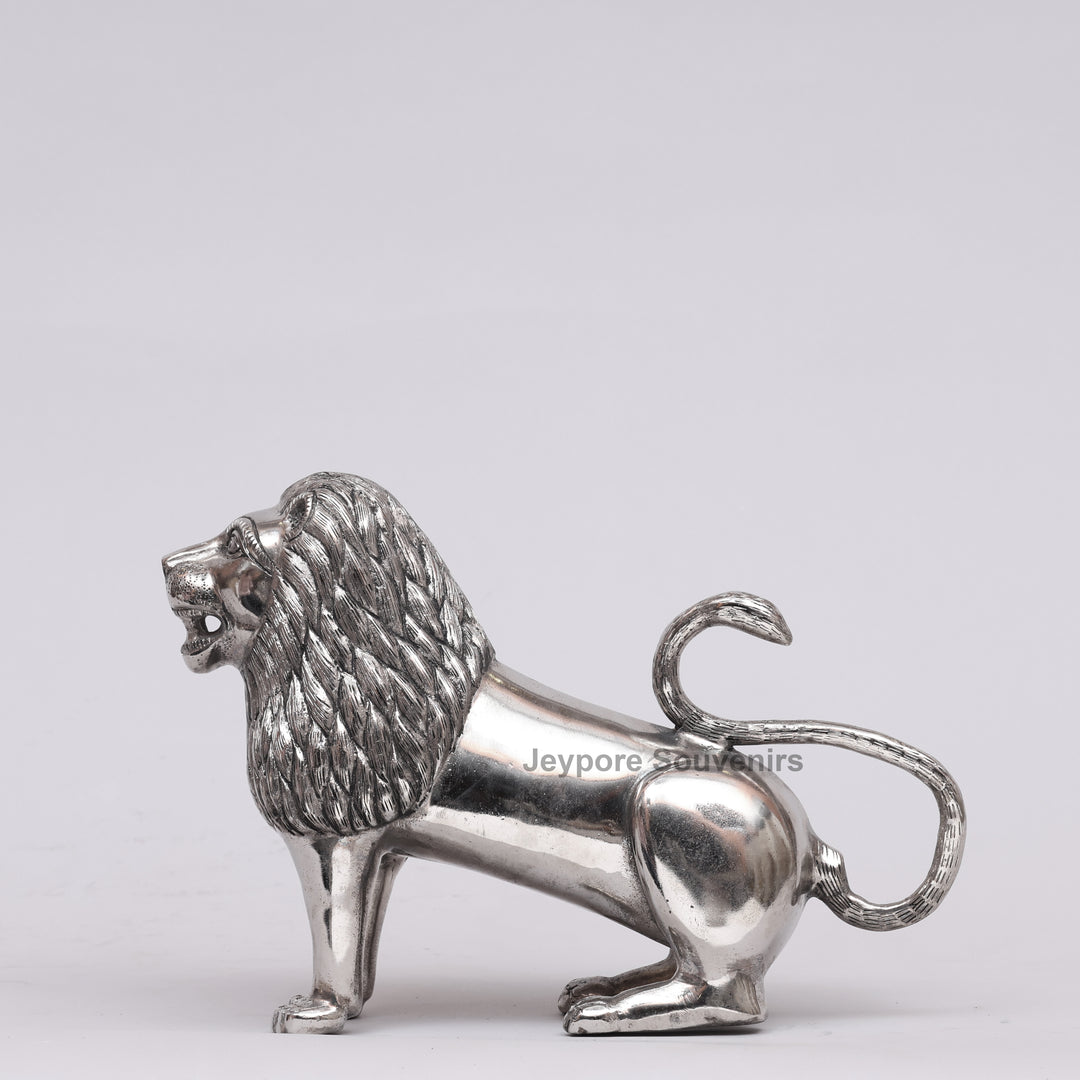 Handcrafted Silver Polished Roaring Lion Statue
