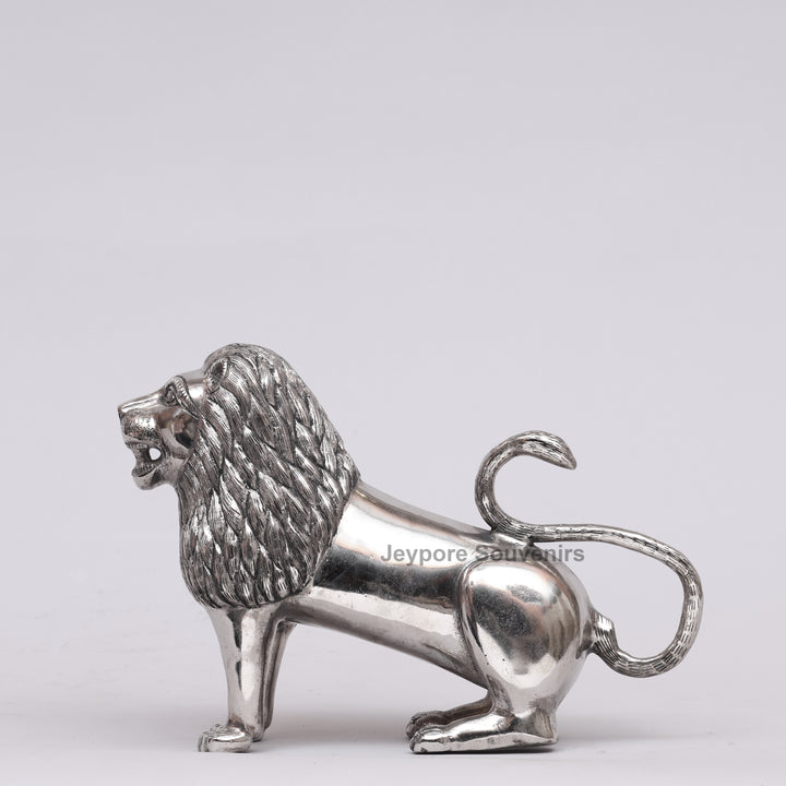 Handcrafted Silver Polished Roaring Lion Statue
