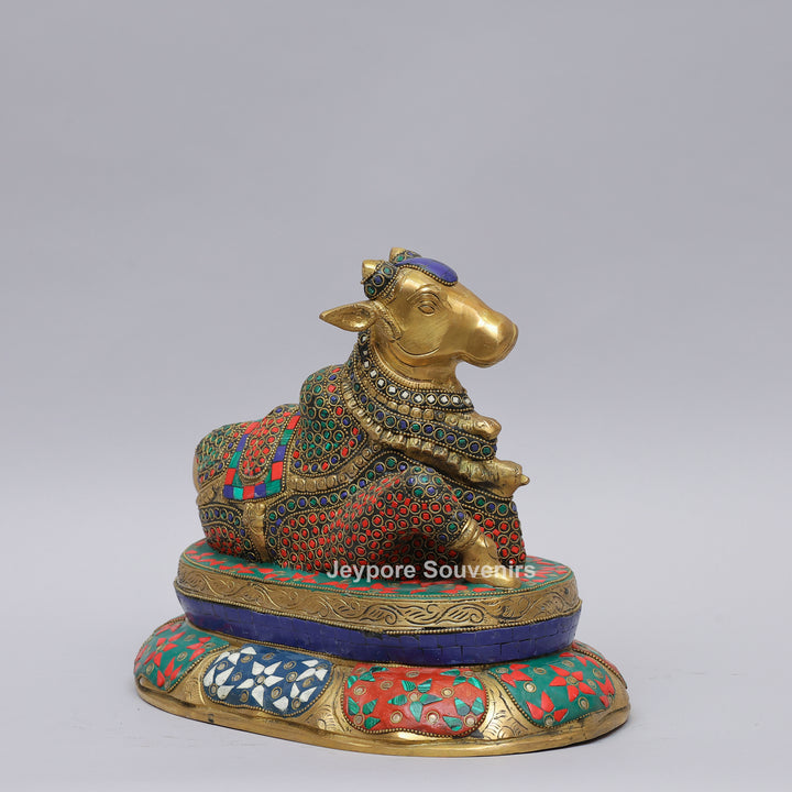 Handcrafted Brass Nandi Statue with Multicolor Inlay &amp; Lotus Pedestal