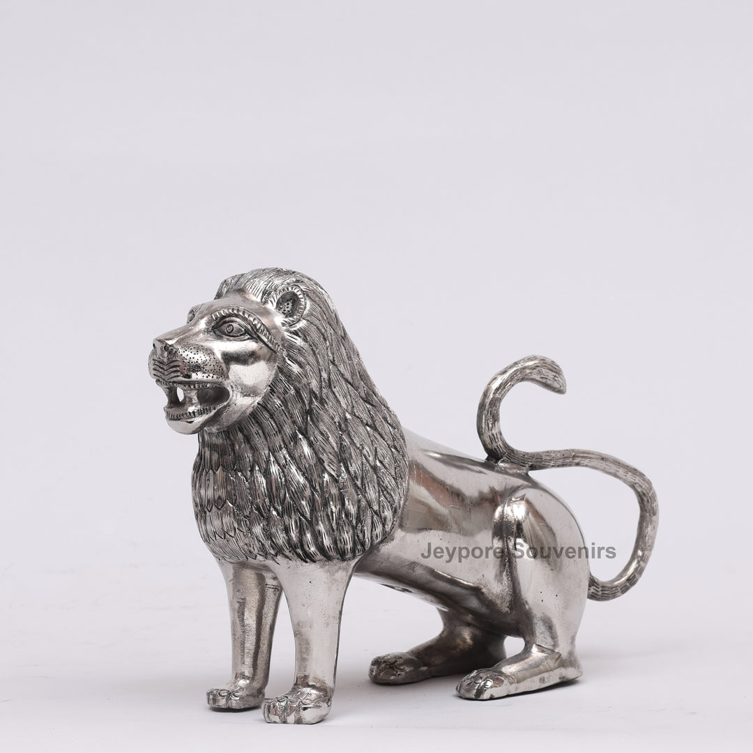 Handcrafted Silver Polished Roaring Lion Statue