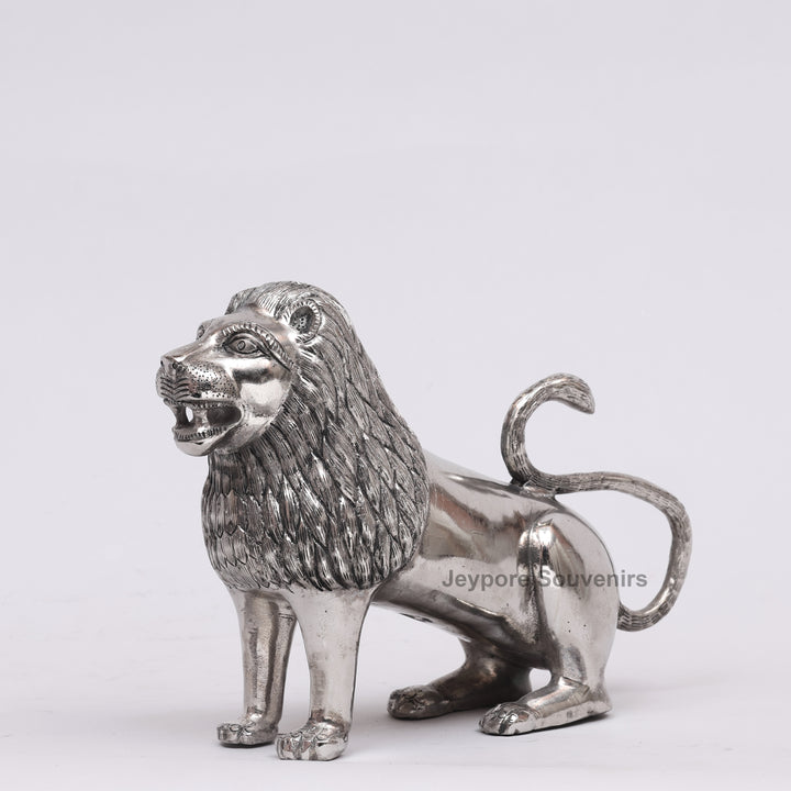 Handcrafted Silver Polished Roaring Lion Statue