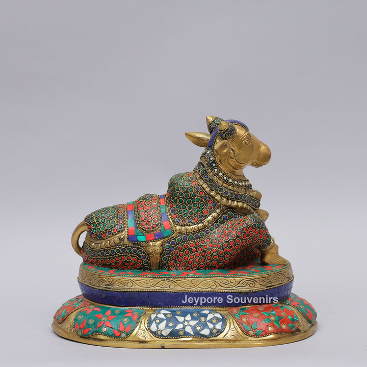 Handcrafted Brass Nandi Statue with Multicolor Inlay &amp; Lotus Pedestal