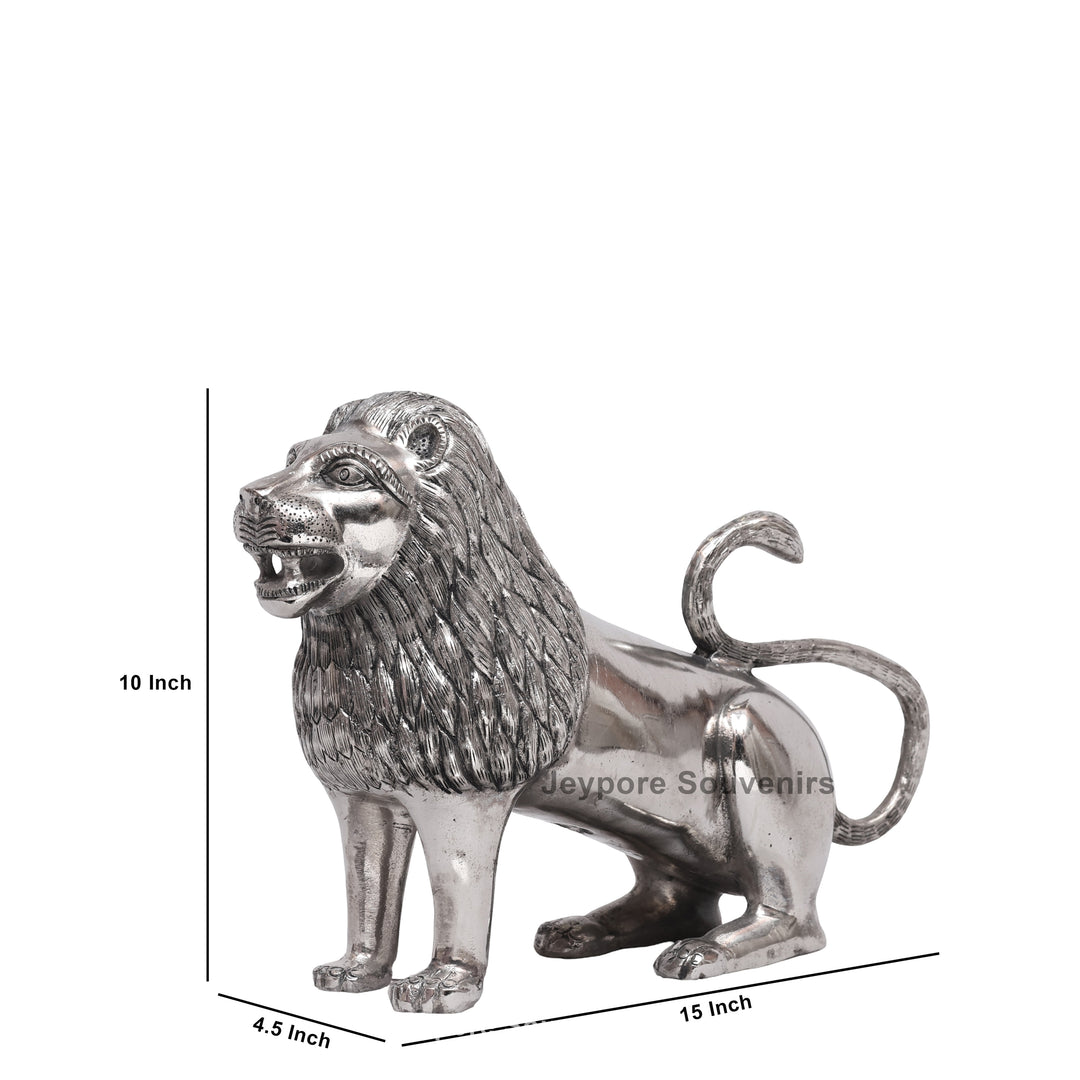 Handcrafted Silver Polished Roaring Lion Statue