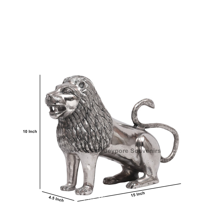 Handcrafted Silver Polished Roaring Lion Statue