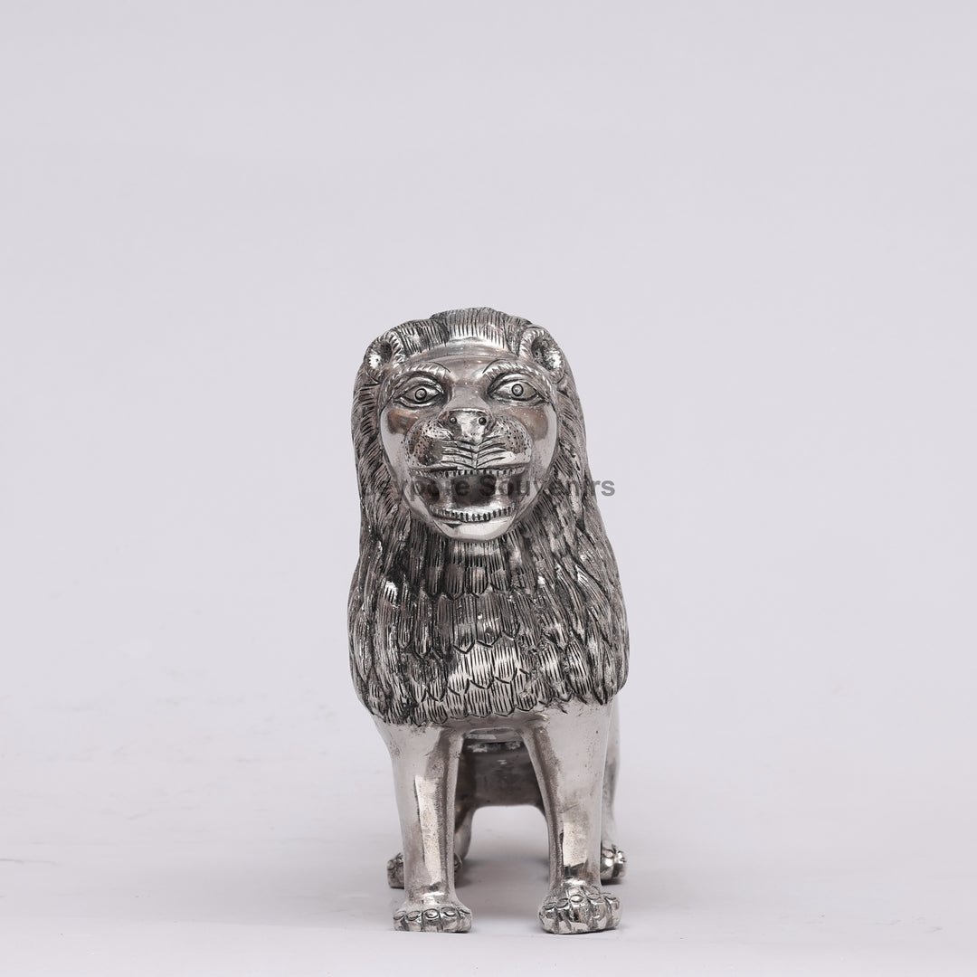 Handcrafted Silver Polished Roaring Lion Statue