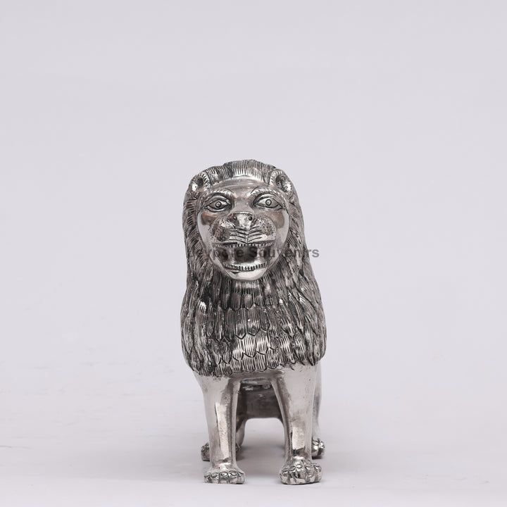 Handcrafted Silver Polished Roaring Lion Statue