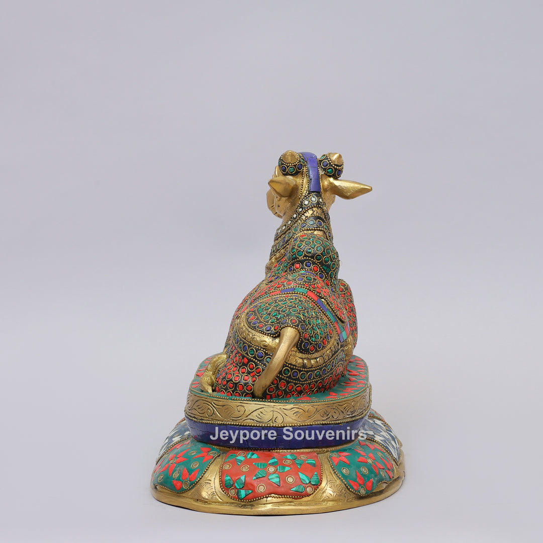 Handcrafted Brass Nandi Statue with Multicolor Inlay &amp; Lotus Pedestal